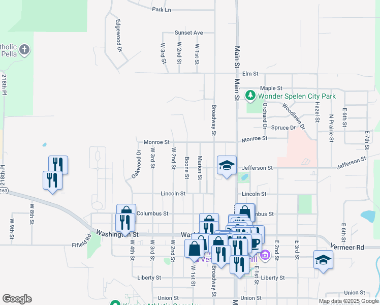 map of restaurants, bars, coffee shops, grocery stores, and more near 1238 Boone Street in Pella