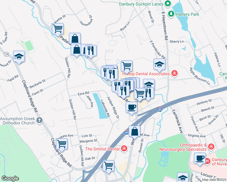 map of restaurants, bars, coffee shops, grocery stores, and more near 14 Padanaram Road in Danbury