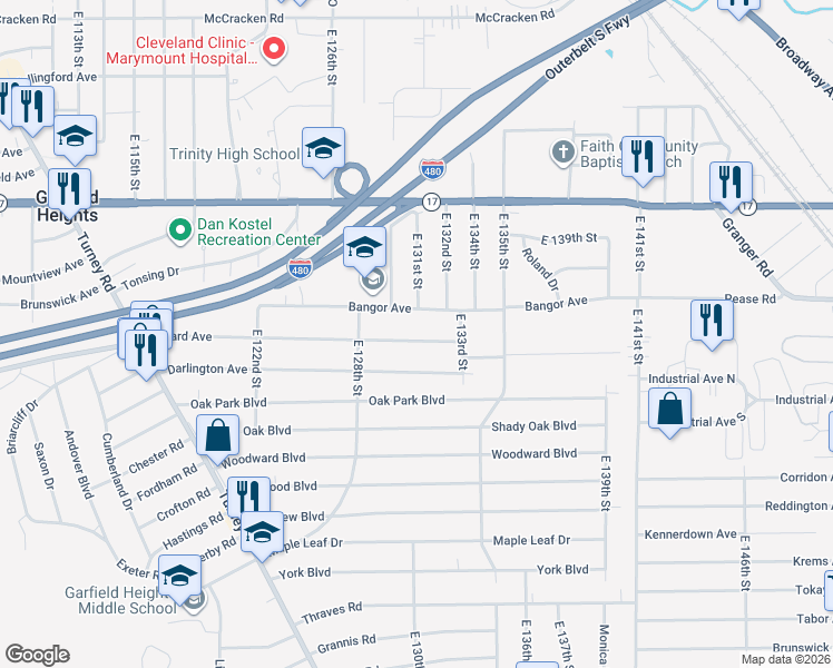 map of restaurants, bars, coffee shops, grocery stores, and more near 13101 Willard Avenue in Garfield Heights