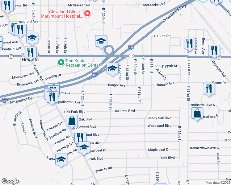map of restaurants, bars, coffee shops, grocery stores, and more near 12817 Willard Avenue in Garfield Heights