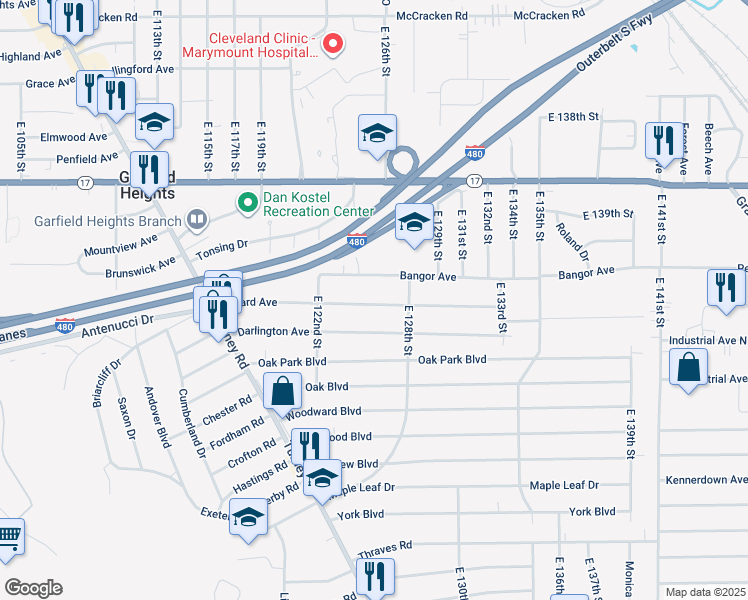 map of restaurants, bars, coffee shops, grocery stores, and more near 12417 Willard Avenue in Garfield Heights