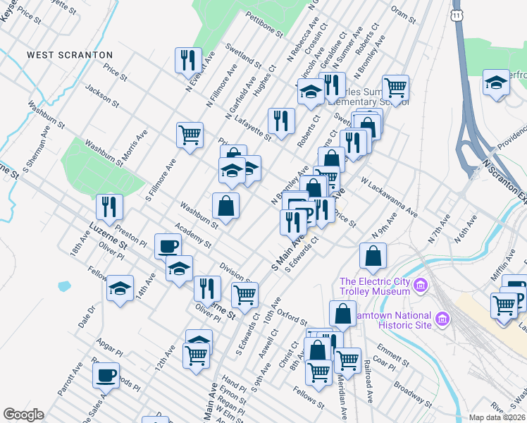 map of restaurants, bars, coffee shops, grocery stores, and more near 114 South Bromley Avenue in Scranton