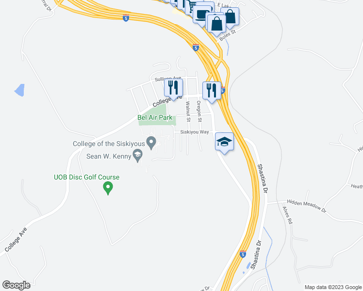 map of restaurants, bars, coffee shops, grocery stores, and more near 380 Siskiyou Way in Weed