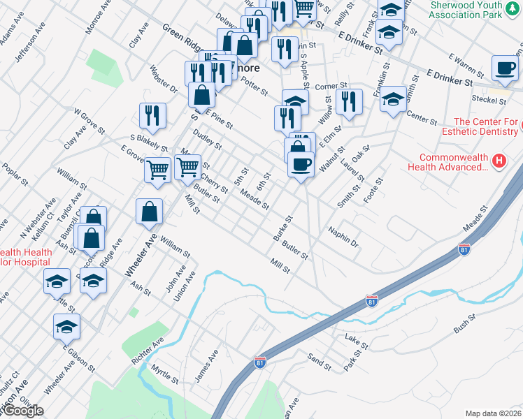 map of restaurants, bars, coffee shops, grocery stores, and more near 323 Cherry Street in Dunmore