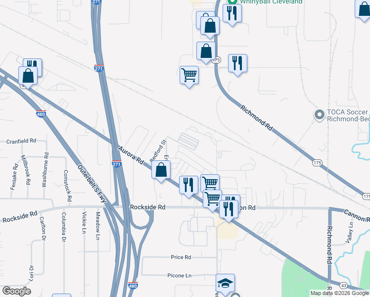 map of restaurants, bars, coffee shops, grocery stores, and more near 203 10th Street in Bedford Heights