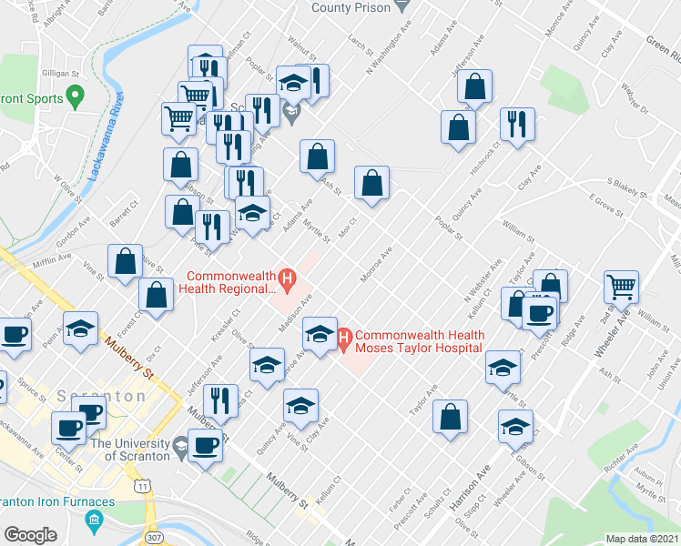 map of restaurants, bars, coffee shops, grocery stores, and more near 832 Madison Avenue in Scranton