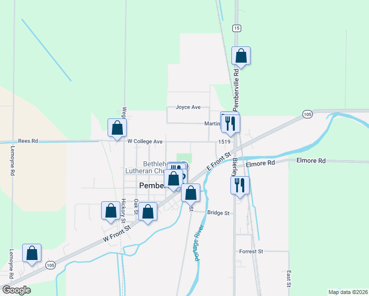 map of restaurants, bars, coffee shops, grocery stores, and more near 120 E College Ave in Pemberville