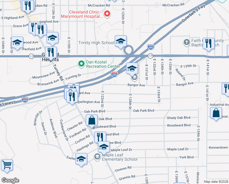 map of restaurants, bars, coffee shops, grocery stores, and more near 12333 Willard Avenue in Garfield Heights