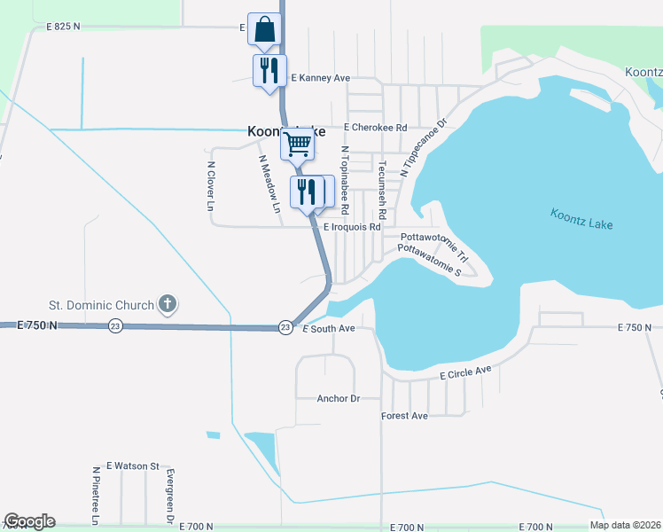 map of restaurants, bars, coffee shops, grocery stores, and more near 7675 Indiana 23 in Walkerton