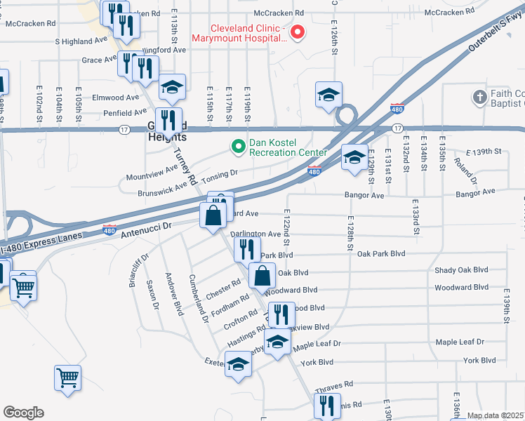 map of restaurants, bars, coffee shops, grocery stores, and more near 12015 Willard Avenue in Garfield Heights