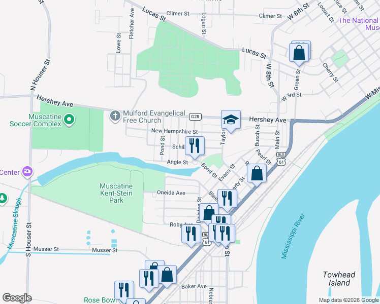 map of restaurants, bars, coffee shops, grocery stores, and more near 301 Clinton Street in Muscatine