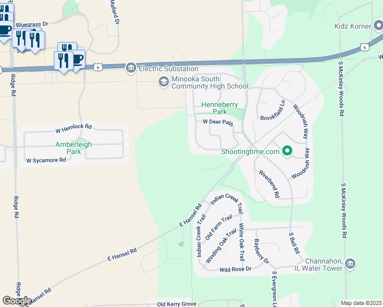 map of restaurants, bars, coffee shops, grocery stores, and more near 26537 West Stonebriar Way in Channahon
