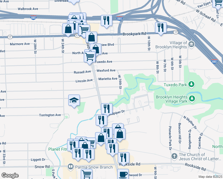 map of restaurants, bars, coffee shops, grocery stores, and more near 1707 Grovewood Avenue in Parma
