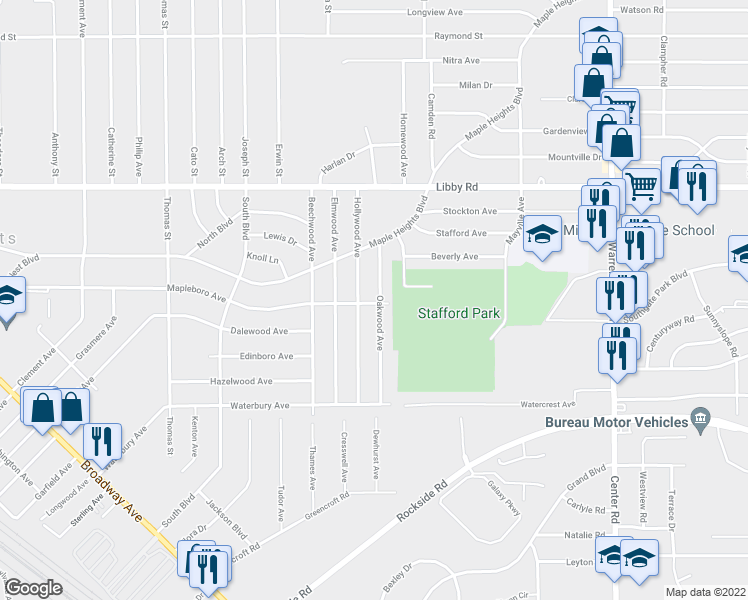 map of restaurants, bars, coffee shops, grocery stores, and more near 5440 Oakwood Avenue in Maple Heights