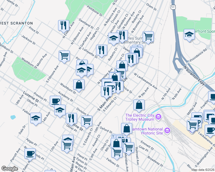 map of restaurants, bars, coffee shops, grocery stores, and more near 115 North Hyde Park Avenue in Scranton