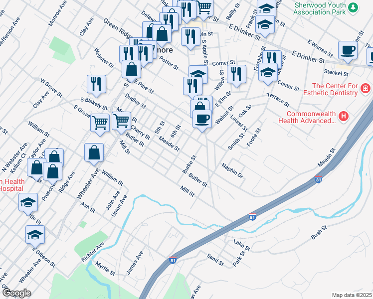 map of restaurants, bars, coffee shops, grocery stores, and more near 309 West Elm Street in Dunmore