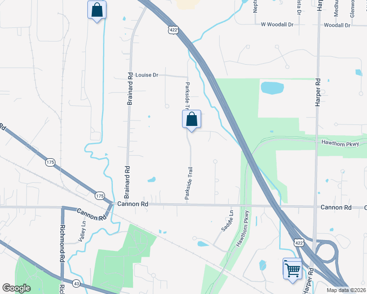 map of restaurants, bars, coffee shops, grocery stores, and more near 5370 Parkside Trail in Solon