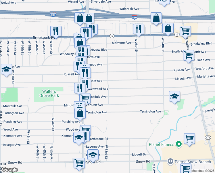 map of restaurants, bars, coffee shops, grocery stores, and more near 3206 Grovewood Avenue in Parma