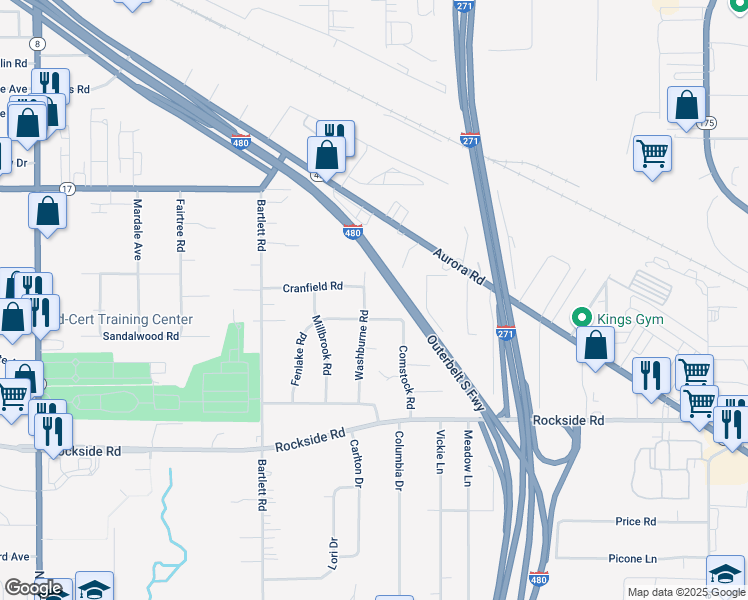 map of restaurants, bars, coffee shops, grocery stores, and more near 5387 Washburne Road in Bedford Heights