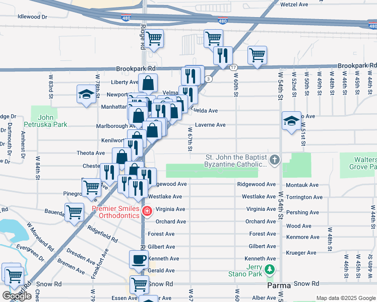 map of restaurants, bars, coffee shops, grocery stores, and more near 6702 Theota Avenue in Parma