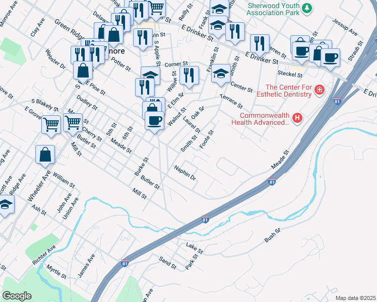 map of restaurants, bars, coffee shops, grocery stores, and more near 427 Smith Street in Dunmore