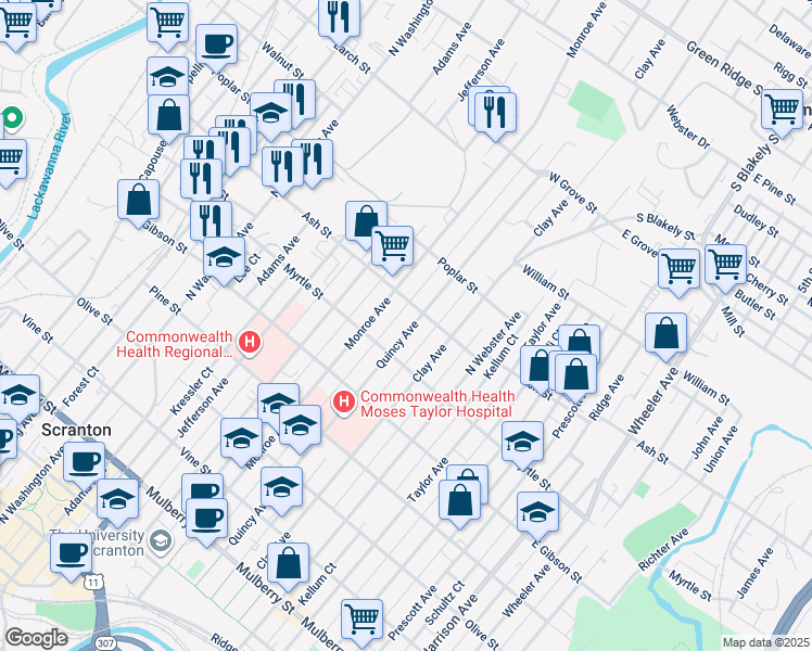 map of restaurants, bars, coffee shops, grocery stores, and more near 935 Quincy Avenue in Scranton