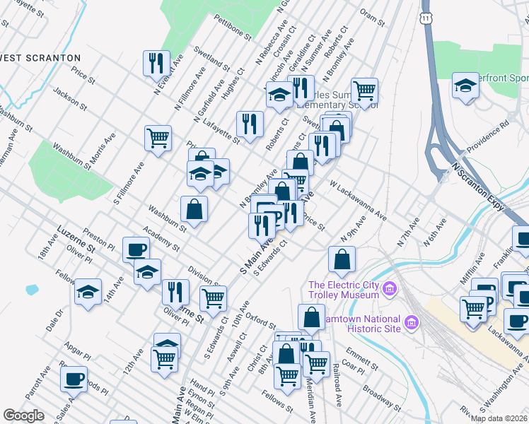 map of restaurants, bars, coffee shops, grocery stores, and more near 115 North Hyde Park Avenue in Scranton