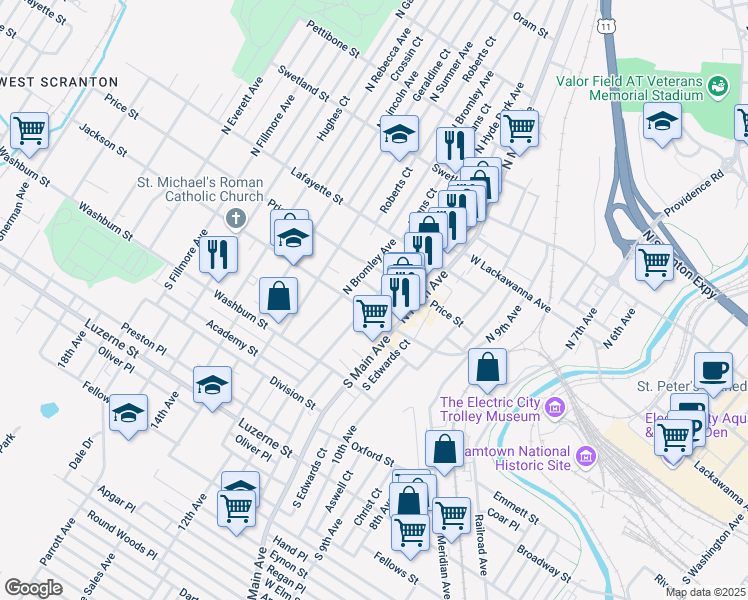 map of restaurants, bars, coffee shops, grocery stores, and more near 115 North Hyde Park Avenue in Scranton