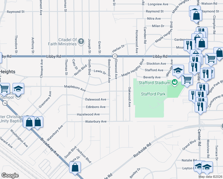 map of restaurants, bars, coffee shops, grocery stores, and more near 5430 Beechwood Avenue in Maple Heights