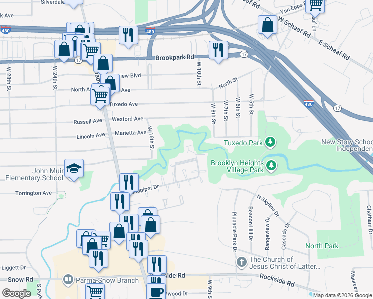 map of restaurants, bars, coffee shops, grocery stores, and more near 5526 Sandpiper Drive in Parma