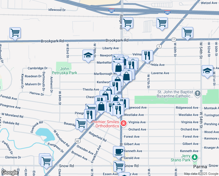 map of restaurants, bars, coffee shops, grocery stores, and more near 7516 Theota Avenue in Parma