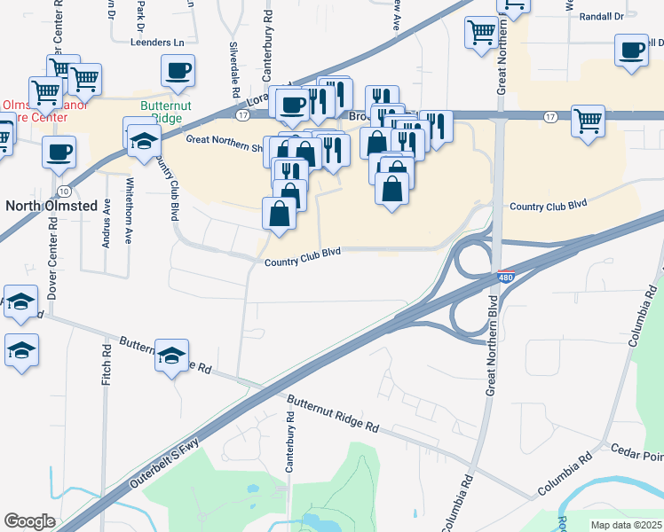 map of restaurants, bars, coffee shops, grocery stores, and more near 25801 Country Club Boulevard in North Olmsted