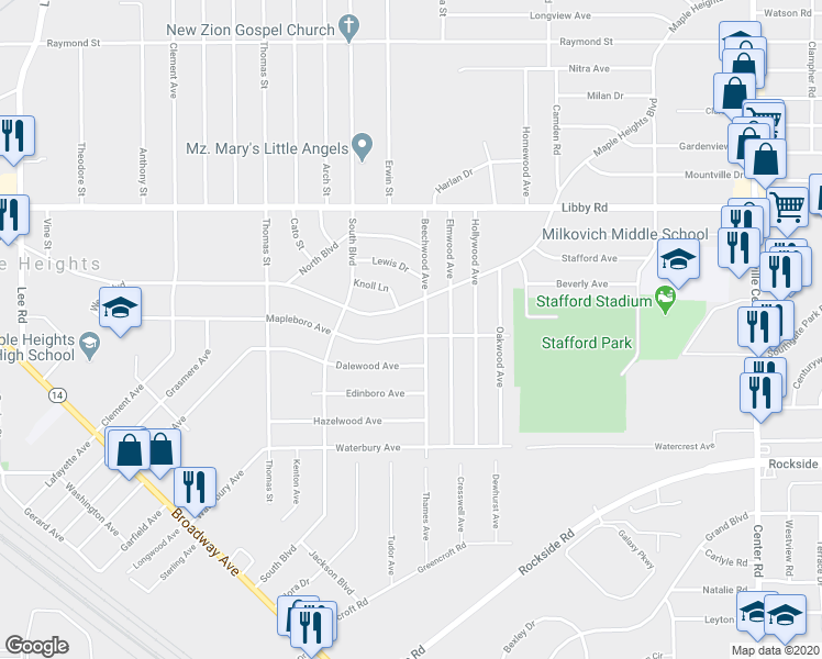 map of restaurants, bars, coffee shops, grocery stores, and more near 18419 Mapleboro Road in Maple Heights