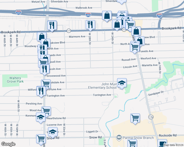 map of restaurants, bars, coffee shops, grocery stores, and more near 2714 Grovewood Avenue in Parma