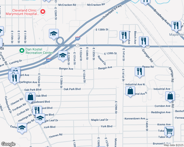 map of restaurants, bars, coffee shops, grocery stores, and more near 5474 East 135th Street in Garfield Heights