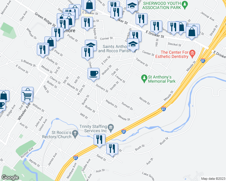 map of restaurants, bars, coffee shops, grocery stores, and more near 427 Smith Street in Dunmore