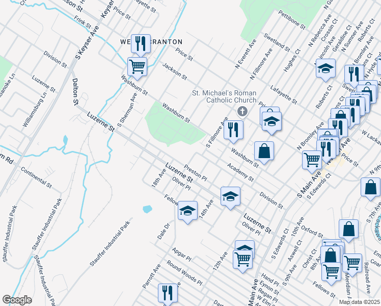 map of restaurants, bars, coffee shops, grocery stores, and more near 310 17th Avenue in Scranton