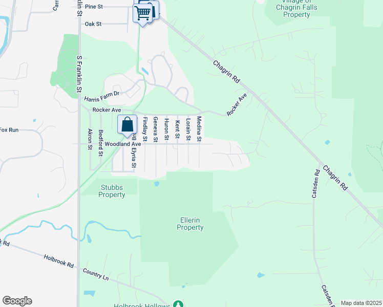map of restaurants, bars, coffee shops, grocery stores, and more near 16757 Lorain Street in Chagrin Falls