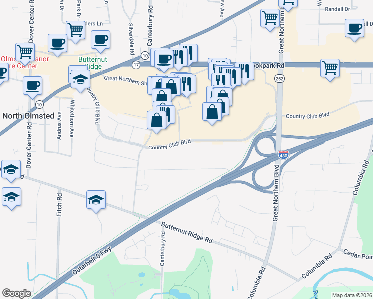 map of restaurants, bars, coffee shops, grocery stores, and more near 25801 Country Club Boulevard in North Olmsted