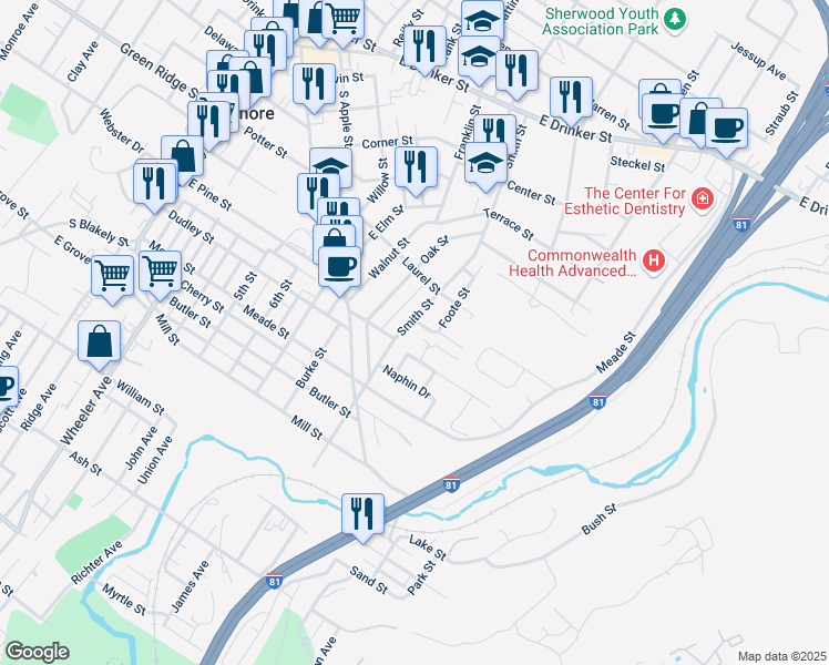 map of restaurants, bars, coffee shops, grocery stores, and more near 427 Smith Street in Dunmore