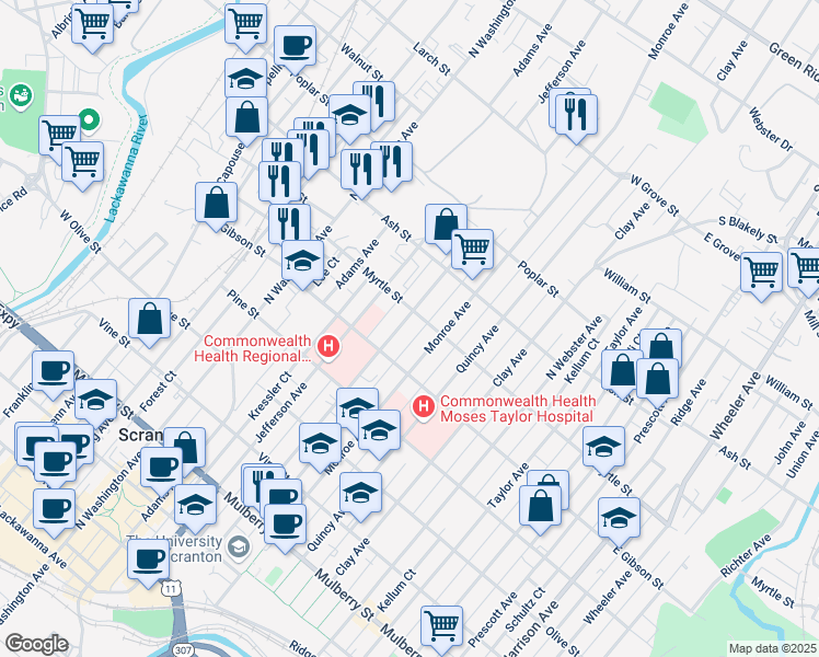 map of restaurants, bars, coffee shops, grocery stores, and more near 832 Madison Avenue in Scranton