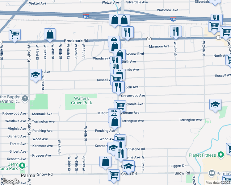 map of restaurants, bars, coffee shops, grocery stores, and more near 5436 State Road in Parma