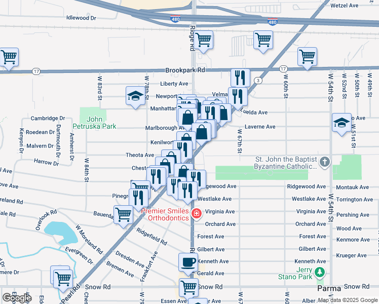 map of restaurants, bars, coffee shops, grocery stores, and more near 5426 Ridge Road in Parma