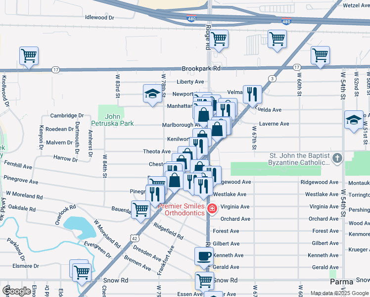 map of restaurants, bars, coffee shops, grocery stores, and more near 7516 Theota Avenue in Parma