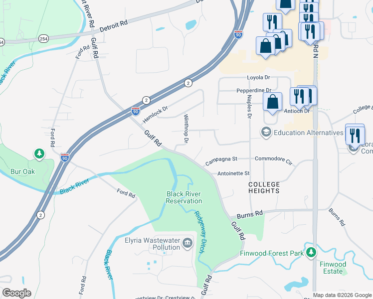 map of restaurants, bars, coffee shops, grocery stores, and more near 129 Winthrop Drive in Elyria