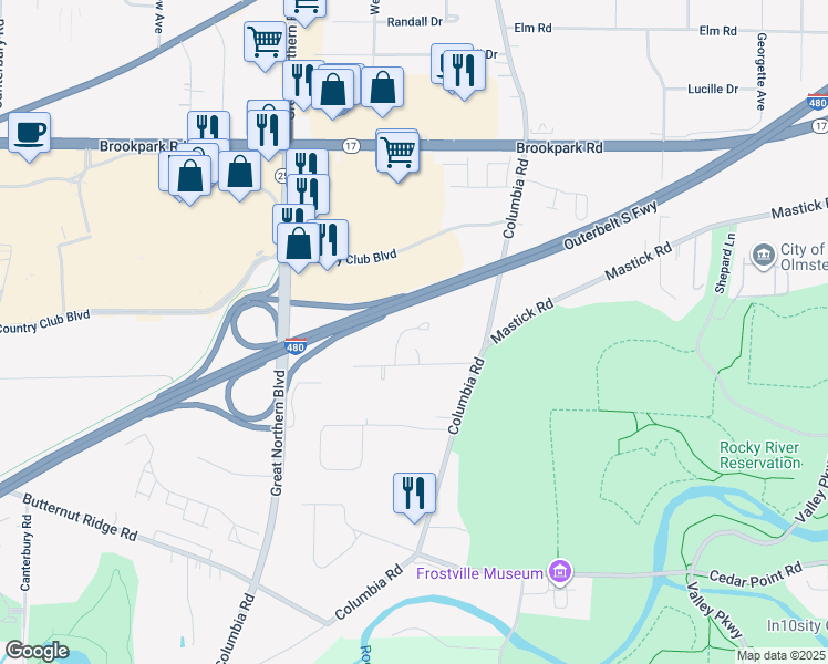 map of restaurants, bars, coffee shops, grocery stores, and more near 24890 Kennedy Ridge Road in North Olmsted