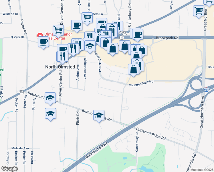 map of restaurants, bars, coffee shops, grocery stores, and more near in North Olmsted