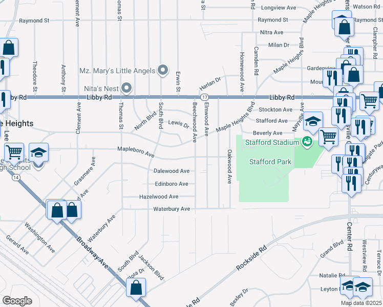 map of restaurants, bars, coffee shops, grocery stores, and more near 5430 Beechwood Avenue in Maple Heights
