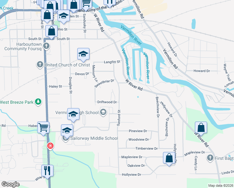 map of restaurants, bars, coffee shops, grocery stores, and more near 1130 Sanford St in Vermilion