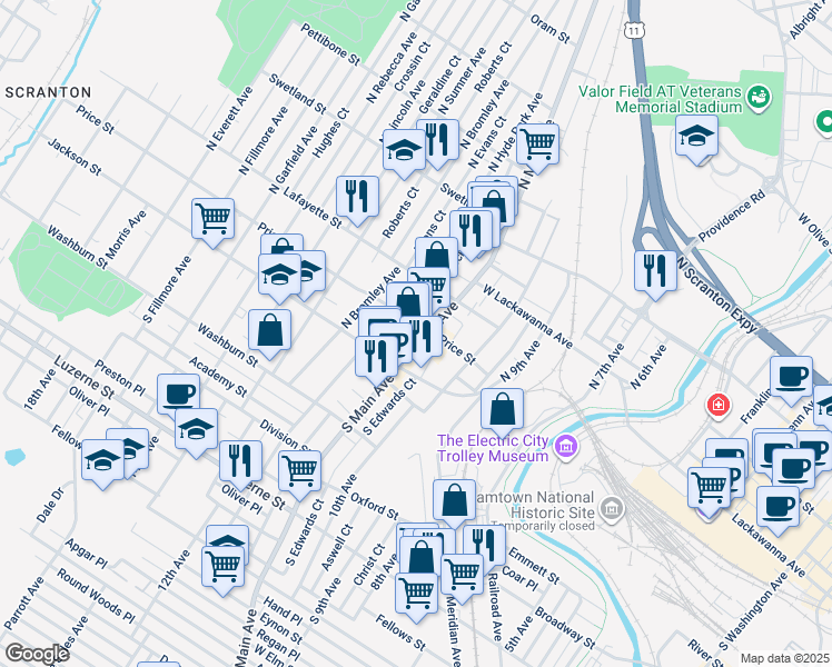 map of restaurants, bars, coffee shops, grocery stores, and more near 139 N Main Ave in Scranton